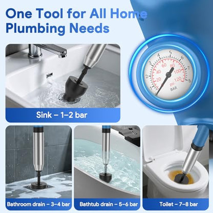 Granarbol High Pressure Toilet Plunger, Air Drain Blaster with Real-Time Gauge,Heavy Duty Toilet Auger & Drain Snake-Clog Remover for Toilets, Sinks, Floor Drains (Blue) - color: Blue