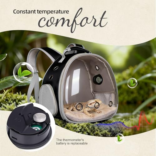 Bearded Dragon Travel Backpack Carrier with Reptile Thermometer and Humidity Gauge Lizard Travel Cage Space Capsule Clear Bubble Window Astronaut Reptile Bag for Ball Python (Black, Backpack+I LSH) - color: Black, size: Backpack+I LSH