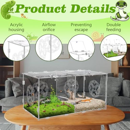 Acrylic Jumping Spider Enclosure with Double Compartments, Large Size,15.7 * 7.8 * 7.8 inches, Reptile Terrarium Aquarium Breeding Tank for Reptiles Spiders Snake Lizard - color: transparent