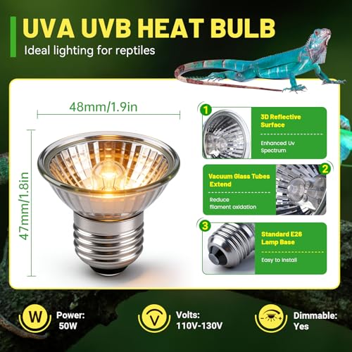 50W UVA UVB Reptile Light Bulb Heat Lamp Bulbs E26 Heat lamp for Reptiles Amphibian Tanks Terrariums Fit for Turtle Lizard Snake Pack of 4