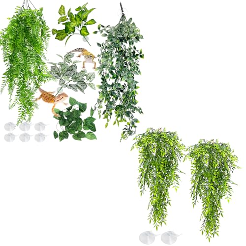 Hamiledyi 5 Pcs Reptile Plants Terrarium Hanging Fake Plant Leaves and Tank Habitat Decorations 2 PCS Terrarium Hanging Plants for Lizard, Snake, Bearded Dragon, Leopard Gecko