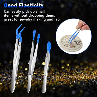 3PCS Tip Tweezers, Silicone Rubber Flat Tipped Tweezers Bent Tip for Jewelry Coin Stamp (Blue) - color: Blue