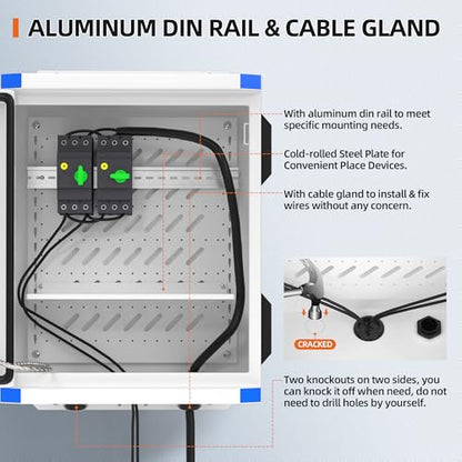 Joinfworld Outdoor Electrical Box 19.7"x15.7"x7.9" Metal Waterproof Vented Nema Enclosure with 12V Fan, Stainless Steel Junction Box with Cold Rolled Steel Plate Hinge Connection Din Rail - size: 19.7"x15.7"x7.9"