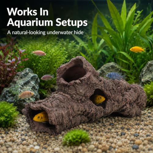 Large Reptile Resin Log Cave, 12 Inch Terrarium Hideout with 5 Openings, Faux Bark Aquarium Cave Decor for Bearded Dragon, Gecko, Snake, Lizard, Turtle, Fish .00 X 6.49 X 4.72 in Brown