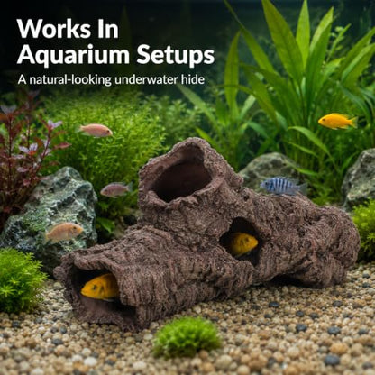 Large Reptile Resin Log Cave, 12 Inch Terrarium Hideout with 5 Openings, Faux Bark Aquarium Cave Decor for Bearded Dragon, Gecko, Snake, Lizard, Turtle, Fish .00 X 6.49 X 4.72 in Brown