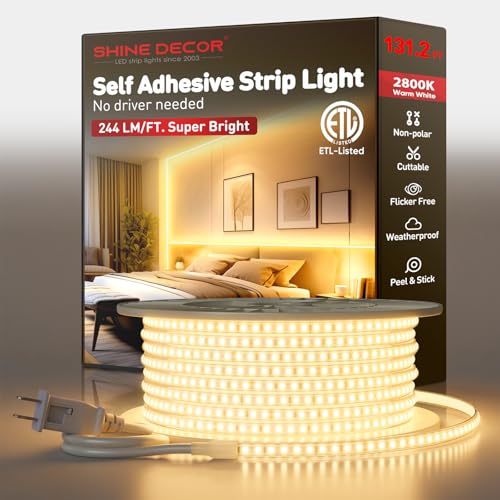 Shine Decor LED Strip Light Super Bright 32000LM, Plug&Play 120V Driverless Easy Wiring, Flicker Free Weatherproof for Outdoor Indoor, Min. 3.9” Cuttable Stickable, 2800K Warm White 131FT ETL Listed - color: Warm White, size: 131.2 Ft