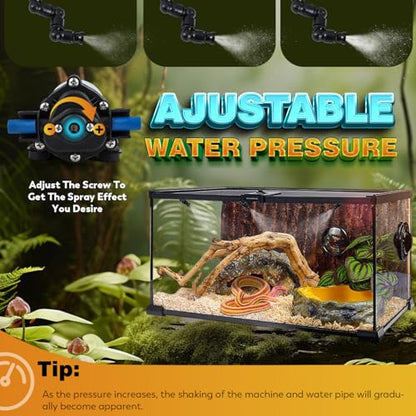 Moongiantgo Reptile Mister System - Adjustable Water Pressure Reptile Humidifier with 4 360°Adjustable Single Nozzles & 2 Double Nozzles - Terrarium Humidifier for Lizard Chameleon Snake Frog Turtle