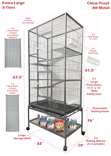 Huge X-Large Wrought Iron 4-Level Chew-Proof Tight 1/2-inch Wire Spacing Ferret Chinchilla Sugar Glider Rats Mices Rabbit Squirrel Hamster Cage with Detachable Rolling Stand - color: Black Vein, size: 32"L x 19"W x 67.5"H With 1/2" Spacing
