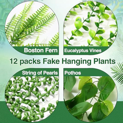 Daifunli 12 Pcs Artificial Hanging Plants Fake Hanging Ferns Plastic Faux Plants for Wall Room Garden Garland Indoor Outdoor Decor No Basket (Boston,Eucalyptus,Ivy Vine,String of Pearls) - style: Boston, Eucalyptus, Ivy Vine, String of Pearls