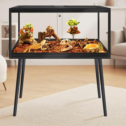 PROLEE Bearded Dragon Tank with Leg Stand 34 Gallons, Wooden Lizard Tank,Reptile Tank with Metal Mesh Roof Door, Acrylic Panel Snake Tank with Lock Design (Black, 32"x16"x16") - color: Black, size: 32"x16"x16"