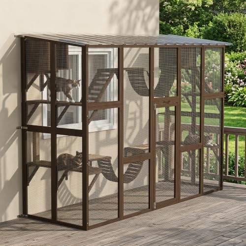 PawHut Catio Outdoor Cat Enclosure Window, Outdoor Cat House with Weather Protection Roof for 1-4 Kitties, Wooden Frame, Shelves & Bridges, 118" x 37.5" x 74", Coffee Brown - color: Coffee Brown