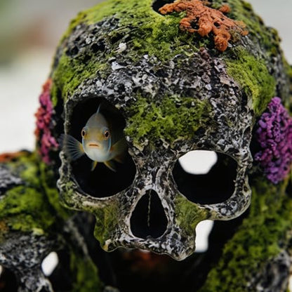 Betta Fish Tank Decorations Hideout - Triple Skull Hiding Cave for Aquarium, Resin Ornament with Artificial Moss Texture and Multiple Entrances for Shrimp, Small Fish - 7.3x4.9x6.1inch