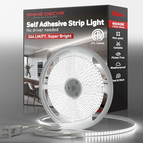 Shine Decor LED Strip Light Super Bright 4000LM, Plug&Play 120V Driverless Easy Wiring, Flicker Free Weatherproof for Outdoor Indoor, Min. 3.9” Cuttable Stickable, 6000K Cool White 16FT ETL Listed - color: Cold White, size: 16.4 Ft