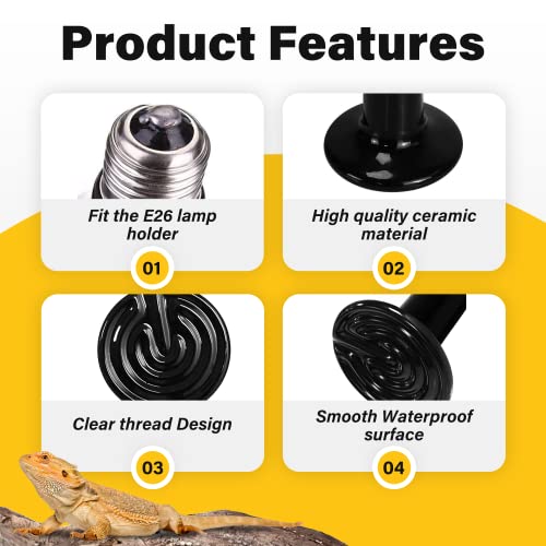 Simple Deluxe 150W Reptile Heat Lamp Bulb Ceramic Heat Emitter No Light Emitting Brooder Coop Heater for Amphibian Pet & Incubating Chicken, 4 Pack Black - size: 150 Watts, style: 4 Pcs