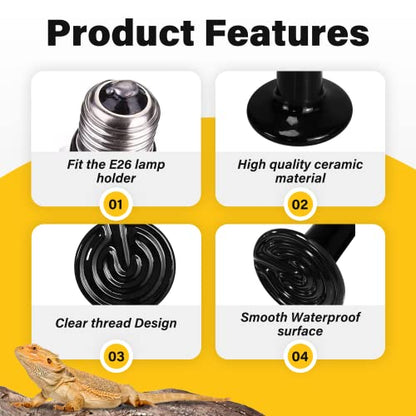 Simple Deluxe 150W Reptile Heat Lamp Bulb Ceramic Heat Emitter No Light Emitting Brooder Coop Heater for Amphibian Pet & Incubating Chicken, 4 Pack Black - size: 150 Watts, style: 4 Pcs