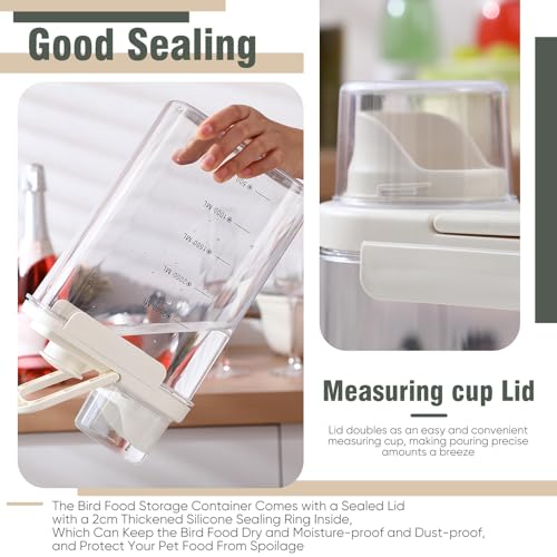Maxdot 2 Pcs Bird Seed Storage Container 3 Qt/2.8 L with Tight Lids Airtight Cup Pet Food Storage Measuring Containers Lids with Pouring Spouts for Macaws African Grey Cockatoos (Beige) - color: Beige