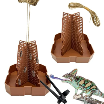 2PCS Reptile Hunting Bowl,5.8"×5.8"×6.1" H Insect Feeding Box with Rope and Tweezers Chameleon Feeder Bowls Hanging Bearded Dragon Bug Bowls Mounted Insect Reptile Feeder Box(Brown,Large) - color: Brown, size: Large:5.8"L×5.8"W×6.1"H
