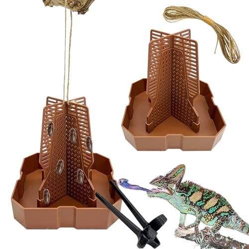 2PCS Reptile Hunting Bowl,4.4"×4.4"×4.7" H Insect Feeding Box with Rope and Tweezers Chameleon Feeder Bowls Hanging Bearded Dragon Bug Bowls Mounted Insect Reptile Feeder Box(Brown, Small) - color: Brown, size: Small:4.4"L×4.4"W×4.7"H