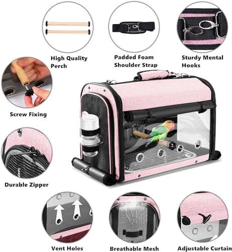 Bird Carrier Bag Bird Travel Cage with Stand, Lightweight Backpack for Parrot, Portable Bird Travel Bag, Pet Transparent Breathable Travel Cage, Pink - size: Large-Pink