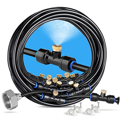 HOMENOTE Misting Cooling System, 42FT(13M) Pre-Assembled Kit with 15 Brass Nozzles & 3/4" Brass Adapter, Cooling Mister for Patio, Backyard, Pets, Garden & Greenhouse - size: 42FT / 13M