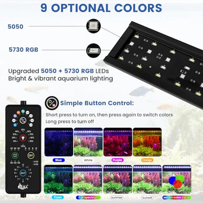 AQQA Full Spectrum Aquarium Plant Light LED Fish Tank Light IP68 Waterproof with 24/7 Natural Mode & DIY RGBW Mode, 9 Colors & 10-Level Brightness Adjustable, 6 Timer Settings for 12"-18" Tank (12W) - size: 12-18inch
