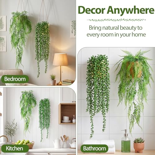 Daifunli 12 Pcs Artificial Hanging Plants Fake Hanging Ferns Plastic Fake Plant for Wall Room Garden Garland Indoor Outdoor Decor No Basket (Boston Ferns,String of Pearls) - style: Boston Ferns, String of Pearls
