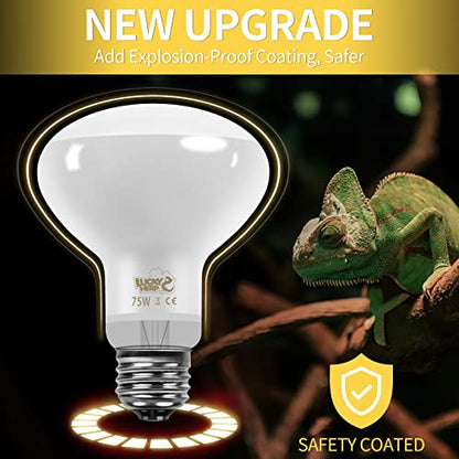 LUCKY HERP New Upgrade 75W Reptile Heat Lamp Bulb (3rd Gen, Safer), Amphibian Basking Spot Light Bulb, UVA Reptile Daylight Bulb for Turtle, Bearded Dragon, Lizard Heating Use (2 Pack) - color: 3rd Gen 75w Heat Lamp, size: 3rd Gen Reptile Heat Lamp