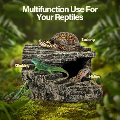 Reptile Hide, Great for Geckos, Snakes, Bearded Dragons & Lizards. with Steps for Rock Climbing, It Doubles as Aquarium Rock Cave Corner Cave for Climbing Hiding. (Stone, A-XLarge)