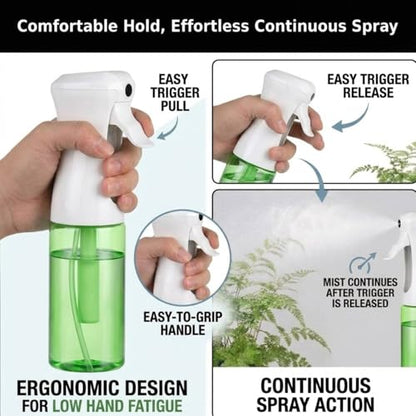 VIGOR PATH Continuous Mist Green Spray Bottle 200ml Fine Mist for Hair | Aerosol Free Reduces Hand Fatigue Salon Refillable Lightweight Cleaning - color: GREEN