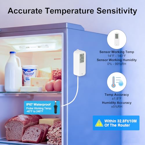 eMylo WiFi Refrigerator Thermometer Hygrometer with Probe, Smart Wireless Freezer Temperature Humidity Monitor, App Alerts & Data Export, Alexa Compatible for Fridge, Aquarium, Wine Cellar