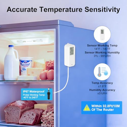 eMylo WiFi Refrigerator Thermometer Hygrometer with Probe, Smart Wireless Freezer Temperature Humidity Monitor, App Alerts & Data Export, Alexa Compatible for Fridge, Aquarium, Wine Cellar