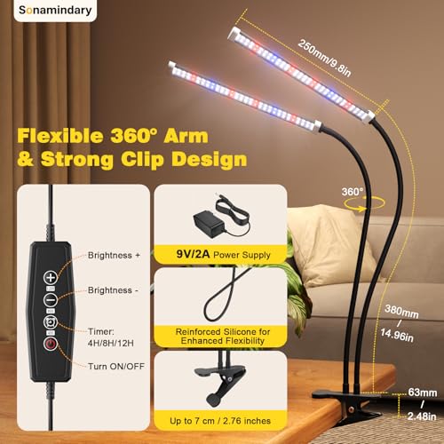 Grow Light for Indoor Plants, 120 LEDs Full Spectrum 5700K Plant Lamp with Red Blue White Light, 5-Level Dimmable, 4/8/12H Timer, Adjustable Clamp Stand(Dual Head) - size: Clip-2Head