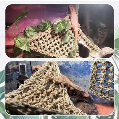 PINVNBY Bearded Dragon Hammock for Tank,Reptile Lounger with Suction Cups Natural Lizard Tank Accessories Seagrass Bed Flexible Jungle Climber Vines Leaves Habitat Decor for Chameleon Gecko(5 Pcs)