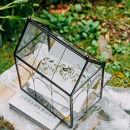 NCYP Glass Terrarium with Lid for Cacti, Succulents, Small Plants - 7.5 x 4.9 x 9 inches Closed Geometric Planter Box - Home Indoor Tabletop House Shape Decorative, Black (Terrarium Only)