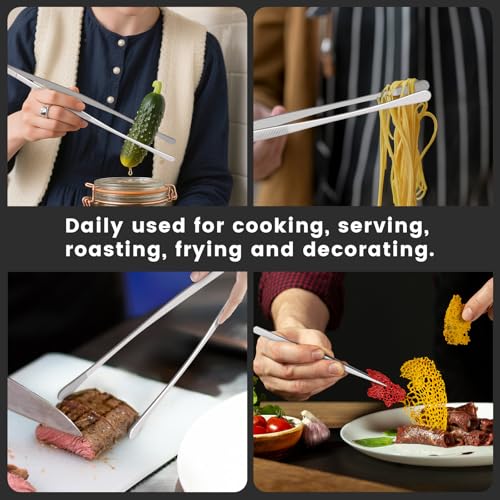 HOTEC Kitchen Tweezers Tongs Stainless Steel Professional Chef Tweezers, Set of 2-12inch Extra-Long Food Tongs for Cooking,Grill and Baking - color: Silver, size: 2PCS: 12 Inch