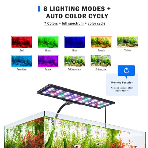 AQQA LED Aquarium Light, 24/7 Mode Clip on Fish Tank Light with Memory Function, DIY Mode Full Spectrum Aquarium Plant Light, Adjustable Timer/Brightness, IP68 Waterproof for 11-16 Inch Fish Tank 11W