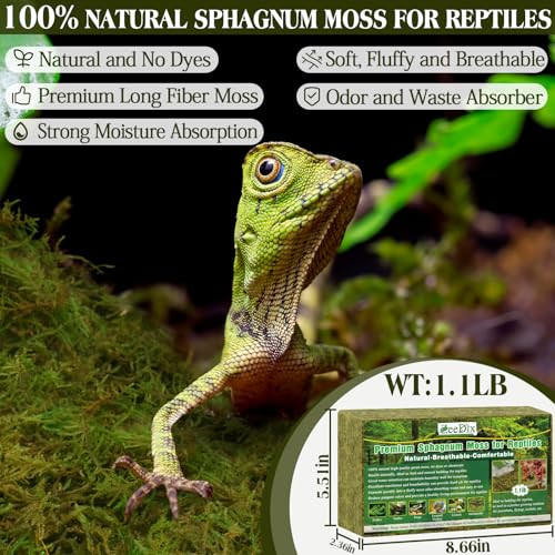 ZeeDix 1.1 lb Premium Sphagnum Moss for Reptiles | 25 qt Green Natural Reptile Moss Bedding, Long Fiber Reptile Moss for Leopards, Geckos, Snakes, Turtles, Frogs - color: 1.1lb