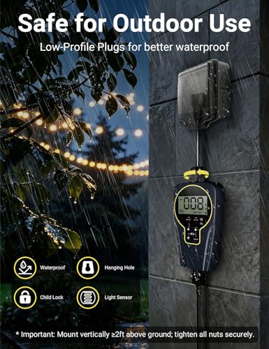 Techbee 1 s to 999 h Short/Long On-Off Interval Repeat Cycle Timer Plug Outlet with Countdown and Light Sensor, Waterproof for Outdoor (15A 1HP)