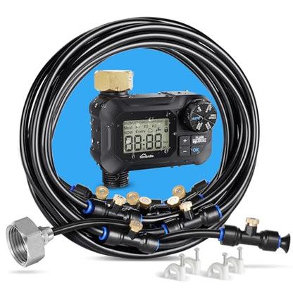 homenote Automatic Misting Cooling System with Timer, 46FT Misting Line, 10 Brass Nozzles, and 3/4" Brass Adapter for Patio Cooling and Garden Watering - size: 46FT / 14M