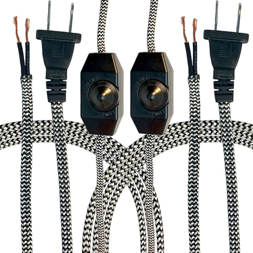 Royal Designs, Inc. Lamp Cord Molded Plug with Dimmer Switch, Stripped Ends Ready for Wiring, 8 ft Long, Black/White, SPT-1 UL Listed, Set of 2 (CO-5001D-BLK/WH-8-2) - color: Black/White - Set of 2