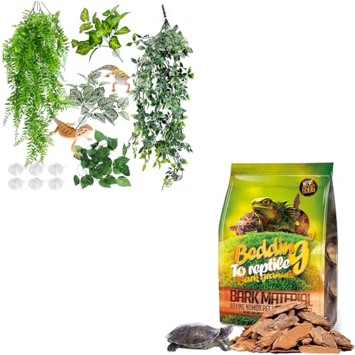 Hamiledyi 5 Pcs Reptile Plants Terrarium Hanging Fake Plant Leaves and Reptile Bark Bedding Tortoise Habitat Substrate Natural Terrarium Bark for Snake Spiders Bearded Dragons Hermit Crabs Geckos