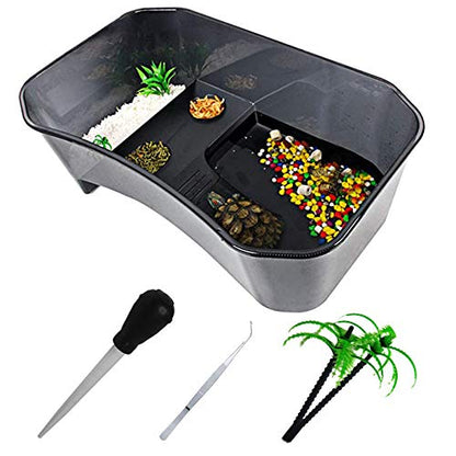 PINVNBY Plastic Turtle Tank Reptile Habitat Pet Terrariums Turtles Tank Aquarium Terrapin Topper Basking with Platform Plants,Durable,Safe, Non-Toxic(Black) - color: Black