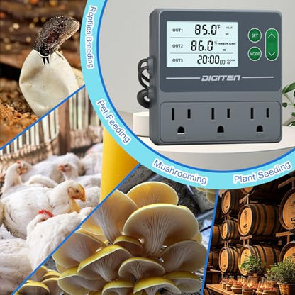 DIGITEN Temperature and Humidity Controller with Timer - 3 Outlet, 2 Separate Probes, Plug in Temperature Controller for Reptiles,Snake, Mushrooms, Tent, Triple Control for Temp,Humidity,Time