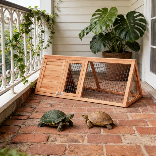 Large Tortoise Habitat House Indoor Outdoor Wooden Triangle Turtle Hidden Enclosure with Ventilating Wire Fence Reptile Lounge Cage for Small Animals (Wood1) - color: Wood1