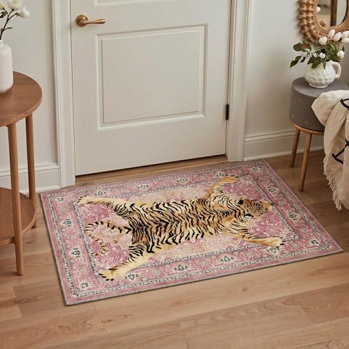 Bavni 2x3 Tiger Rug, Machine Washable Animal Print Small Low Pile Boho Woodland Jungle Carpet, Non-Slip Non-Shedding Pet Friendly Door Mat for Living Room Playroom Bedroom Entryway, Pink - color: Tiger/Pink, size: 2'x3'