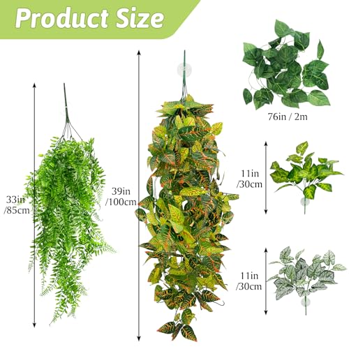 Hamiledyi 5 Pcs Reptile Plants Terrarium Hanging Fake Plant Leaves and Reptile Driftwood Branch Decor Terrarium Ornament Wood for Snake Bearded Dragon Leapord Gecko