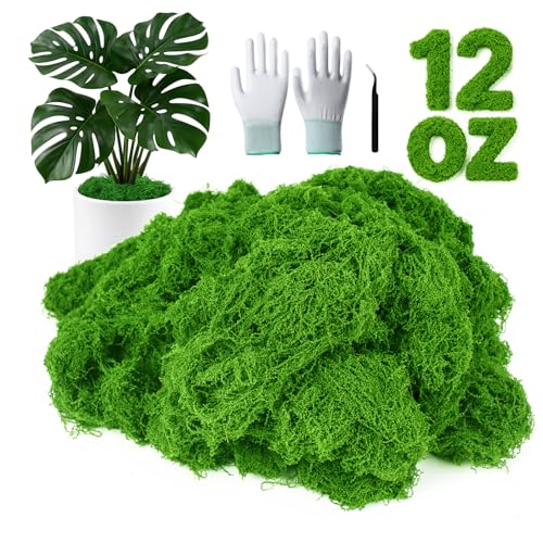 MGLIFEUL 12OZ Artificial Fake Moss for Crafts Plants Indoor with Non-Stick Gloves and Tweezers，Preserved Green Plant Faux Craft Moss Musgo for Fairy Garden Indoor Outdoor Home Decorating Model Making - color: Emerald Green, size: 12oz