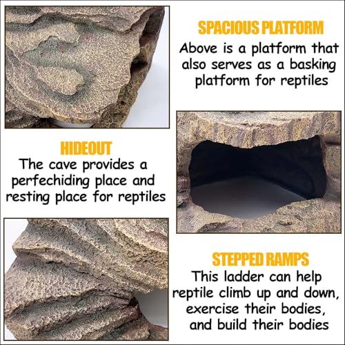 kathson Large Turtles Basking Platform,Resin Reptile Hideouts Cave Habitat Decor,Tortoise Hide Cave with Climbing Ramp Step,Bearded Dragons Hide Basking Rocks Accessories for Lizard,Gecko,Frog