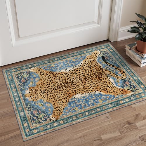 Bavni 2x3 Leopard Rug, Cheetah Entrance Rug Door Mat,Soft Animal Small Rugs Non Slip Low Pile Non-Shedding Throw Indoor Print Woodland Jungle Carpet for Entryway Front Door Bathroom,Blue - color: Leopard/Blue, size: 2'x3'