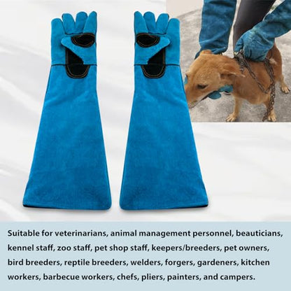 23.43inch Animal Handling Gloves, Animal Control Gloves Bite Resistant Snake Proof Cowhide Reinforced Leather Protection Dog Training Glove for Cats Scratch Reptiles Birds Falcon Grabbing - color: Blue（23.43"）